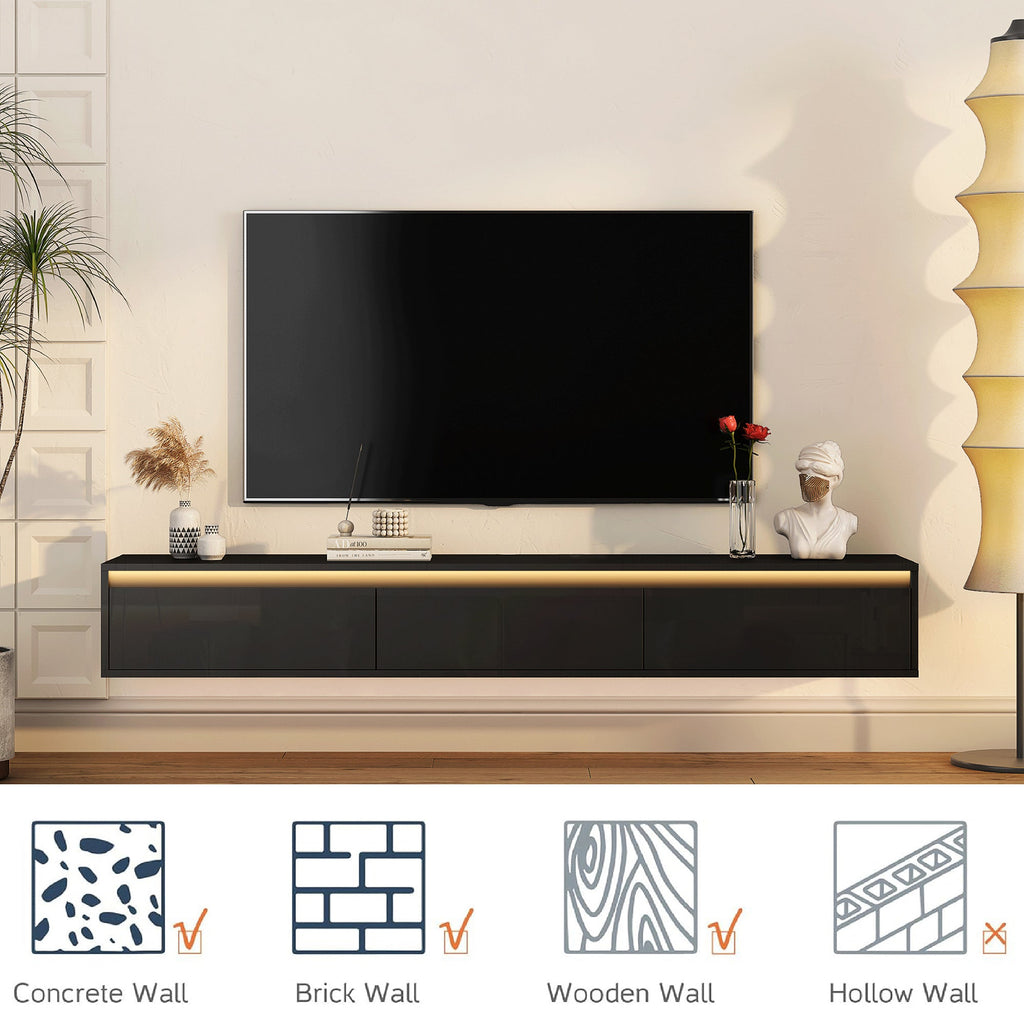 TV Stand Wall-Mounted Floating LED Black MDF 3 AC 2 USB Fits 65 In TV