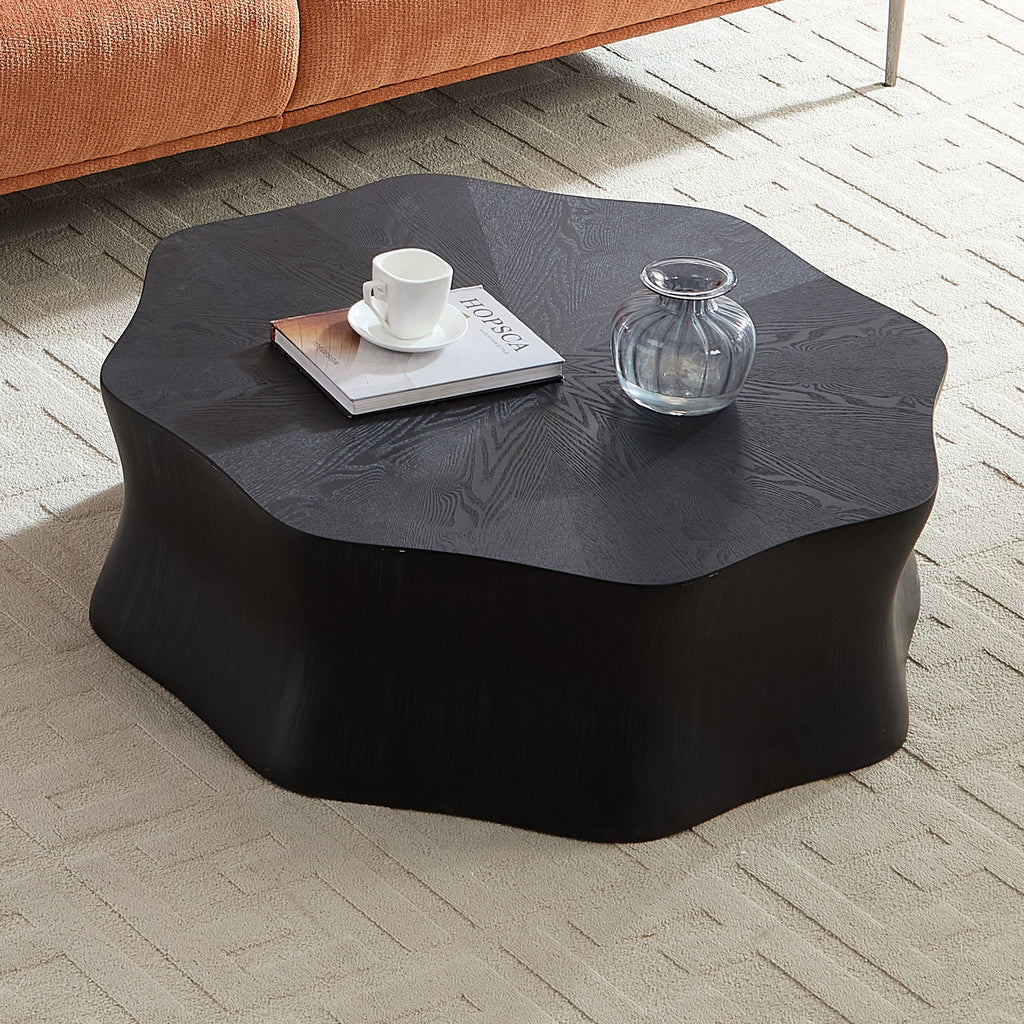 Black Petal Coffee Table, Fiberglass with Birch Wood Grain Veneer, Living Room