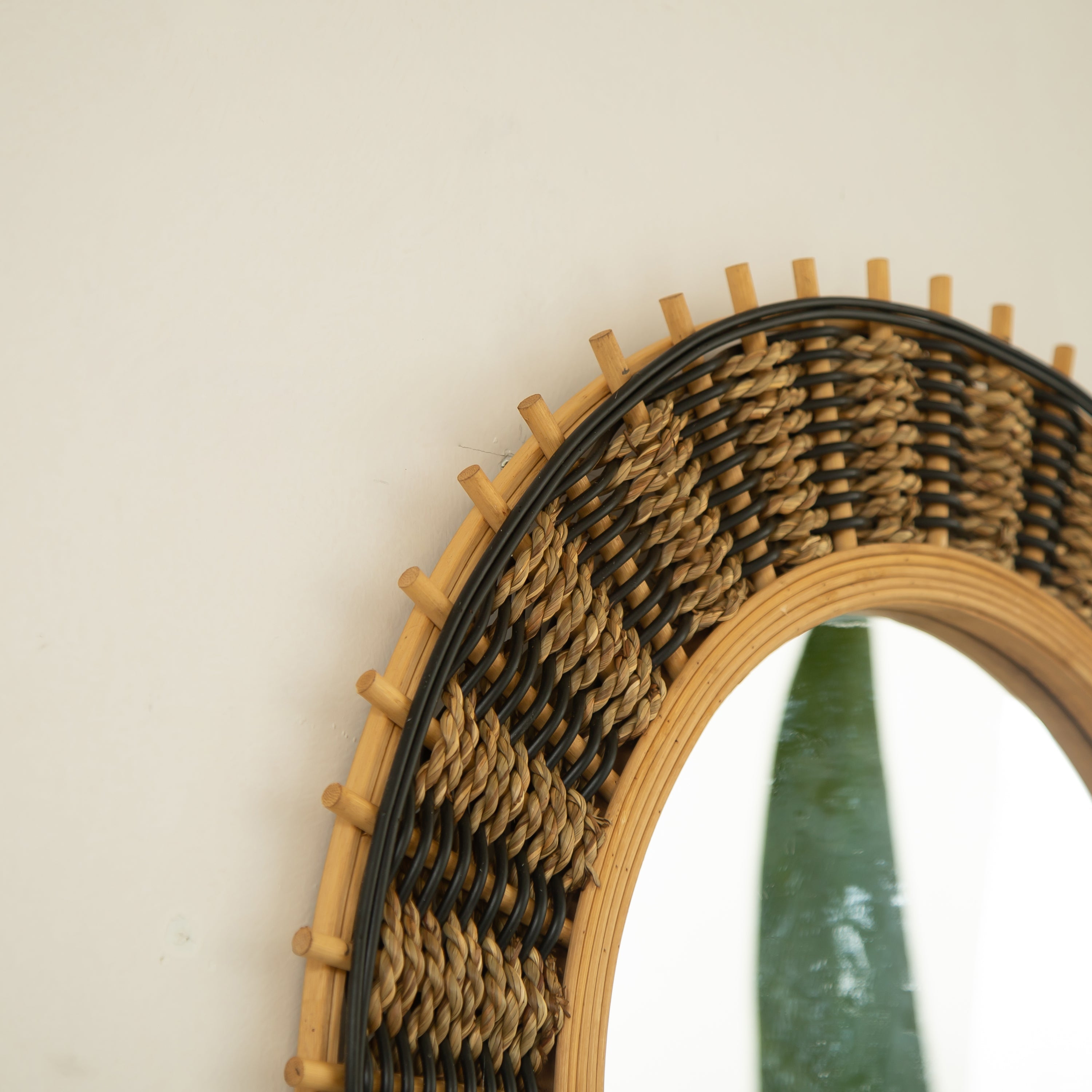 Round Wall Mirror Boho Bamboo Natural Frame 23-inch Large Living Room