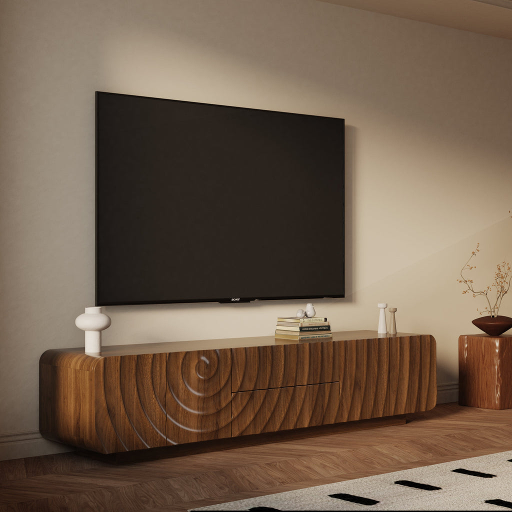 TV Stand Mid-Century Spiral Wave Walnut MDF Floating Base Fits 85 In TV