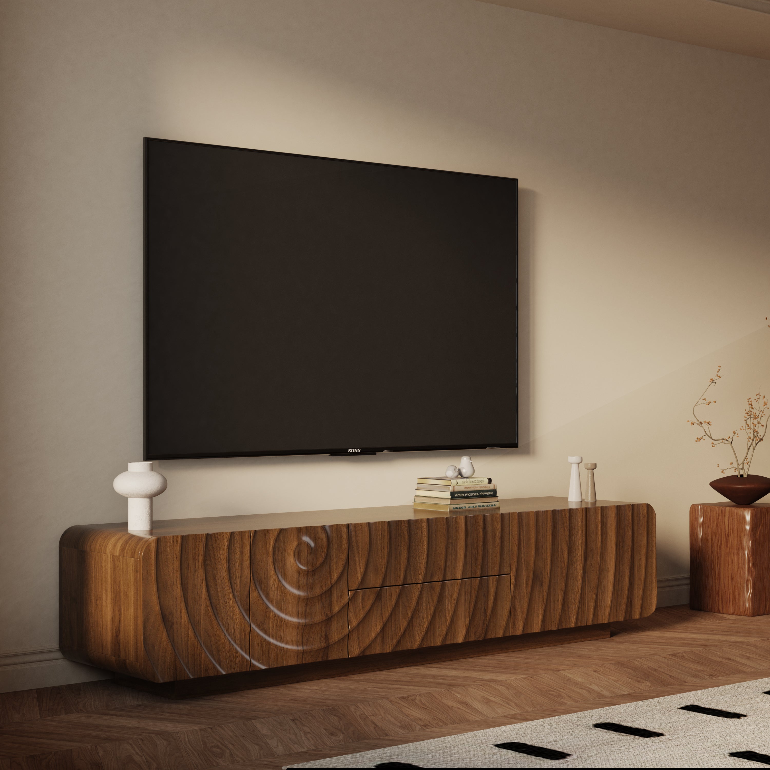 TV Stand Mid-Century Spiral Wave Walnut MDF Floating Base Fits 85 In TV