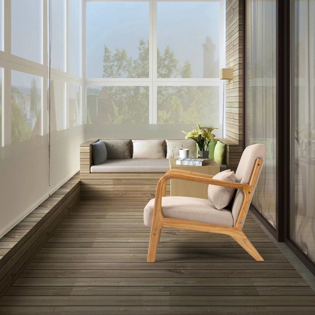Accent Chair Mid Century Modern Beige Linen with Wood Armrest and Feet One Seat