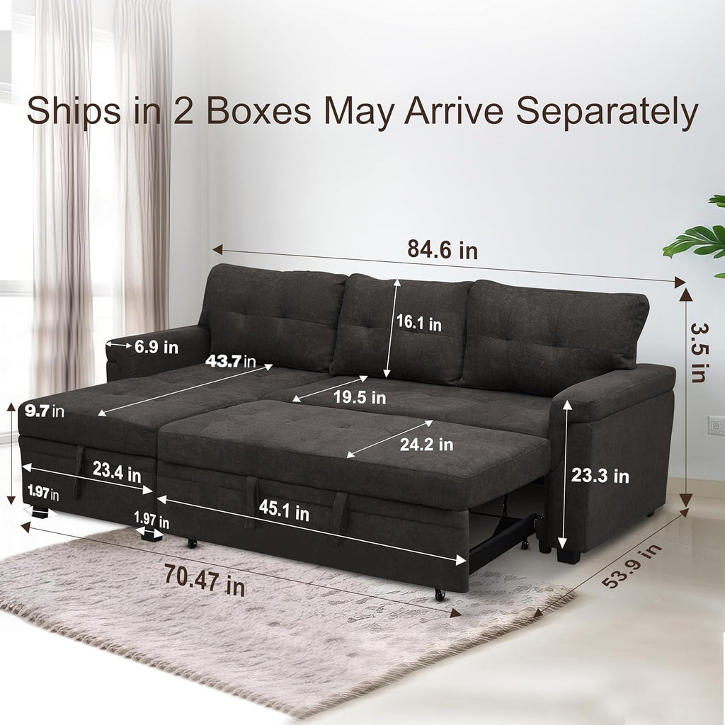 Espresso Velvet Sleeper Sectional Sofa Bed Chaise Set