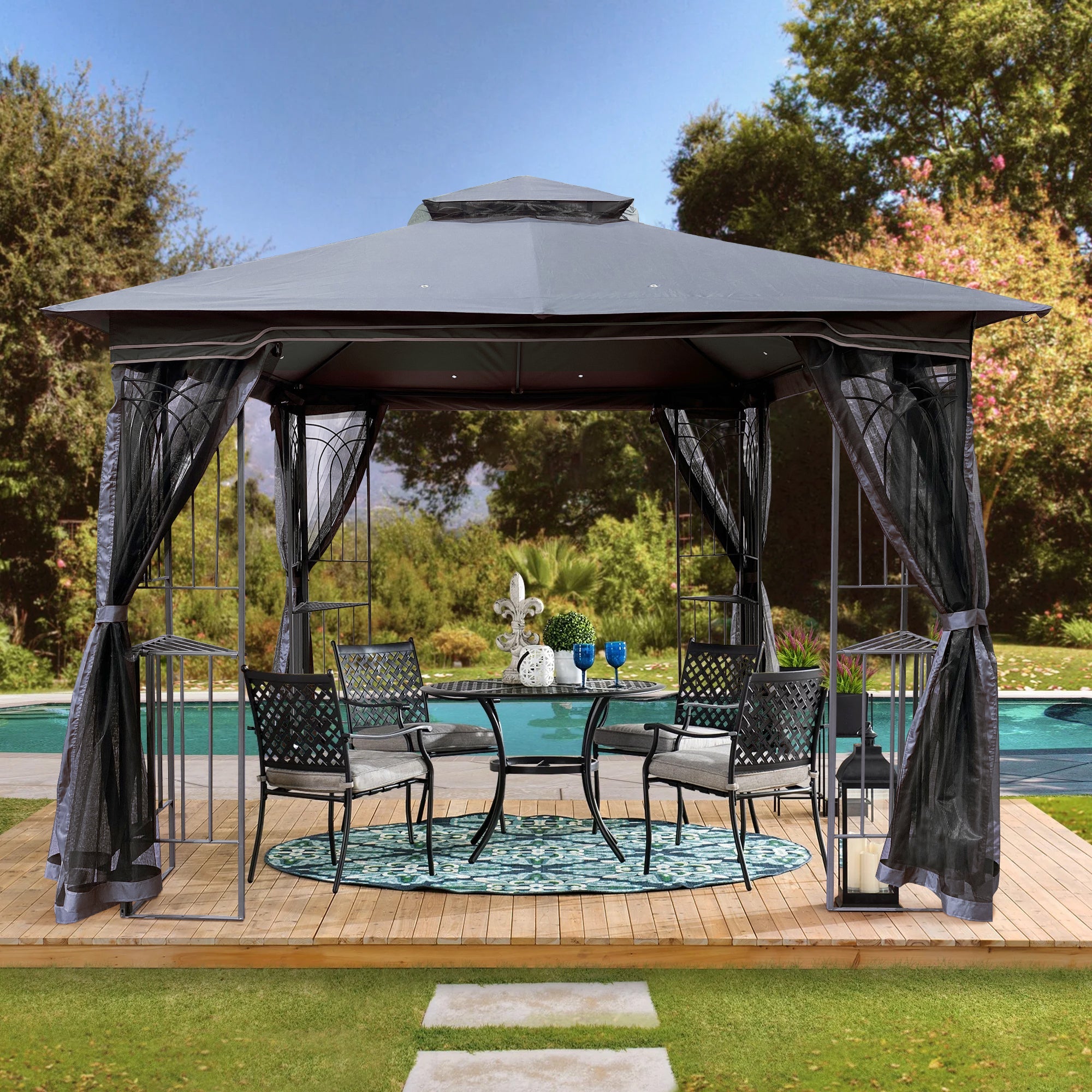Gazebo Steel Gray 10x10 Ft Double Vented Roof Mesh Sidewalls UV-Resistant