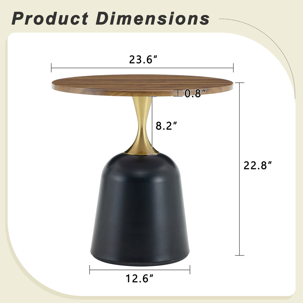 23.6 in Round Side Table, Metal Base, Walnut Wood Grain, Living Room Office