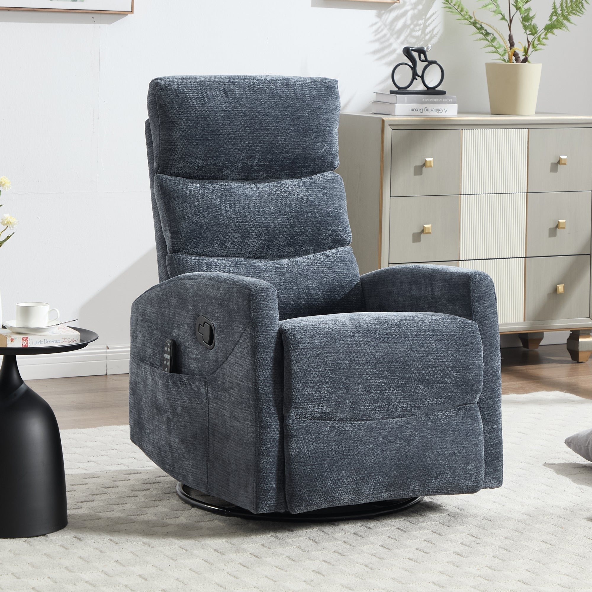 Heat Massage Manual Recliner Chair with Rocker and Swivel in Fabric for Living Room, Blue