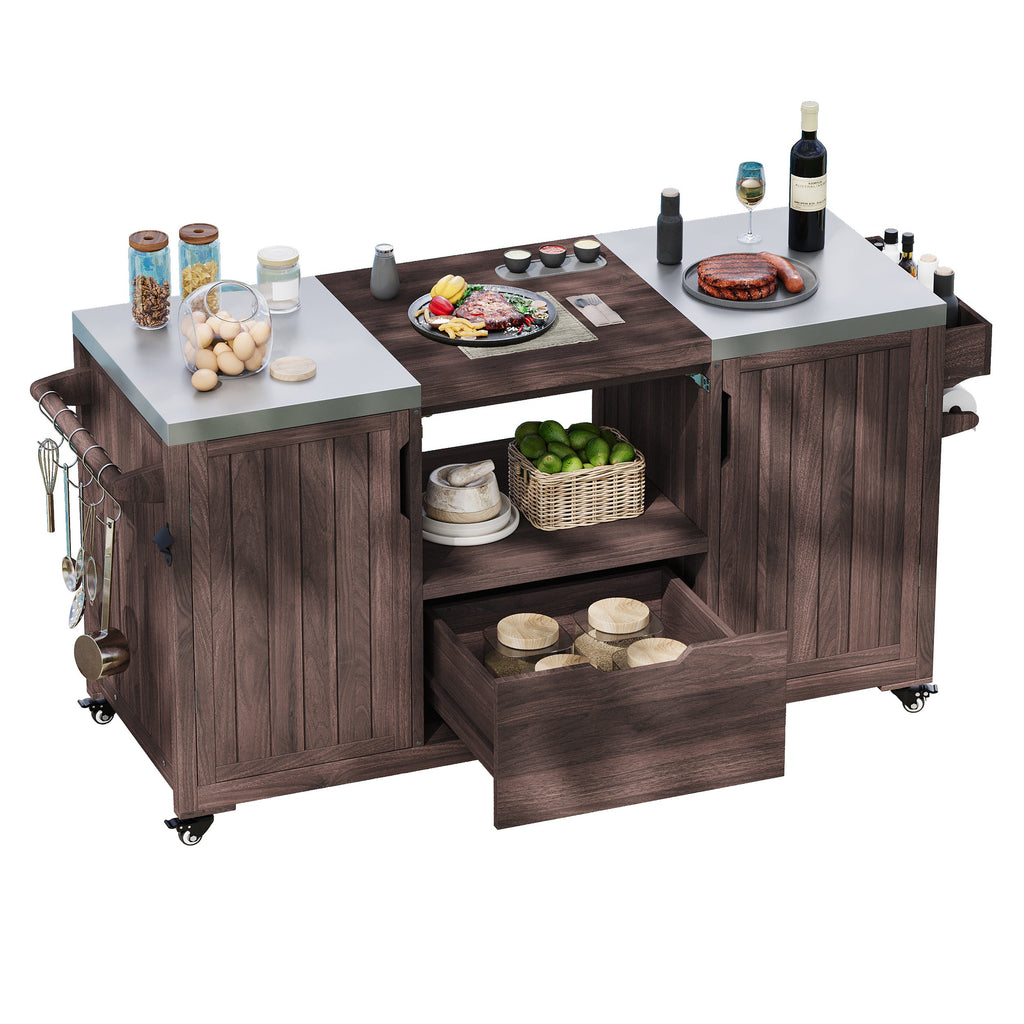 Outdoor Kitchen Island Grill Cart Fir Wood Stainless Steel Top 66.5x23x34 In