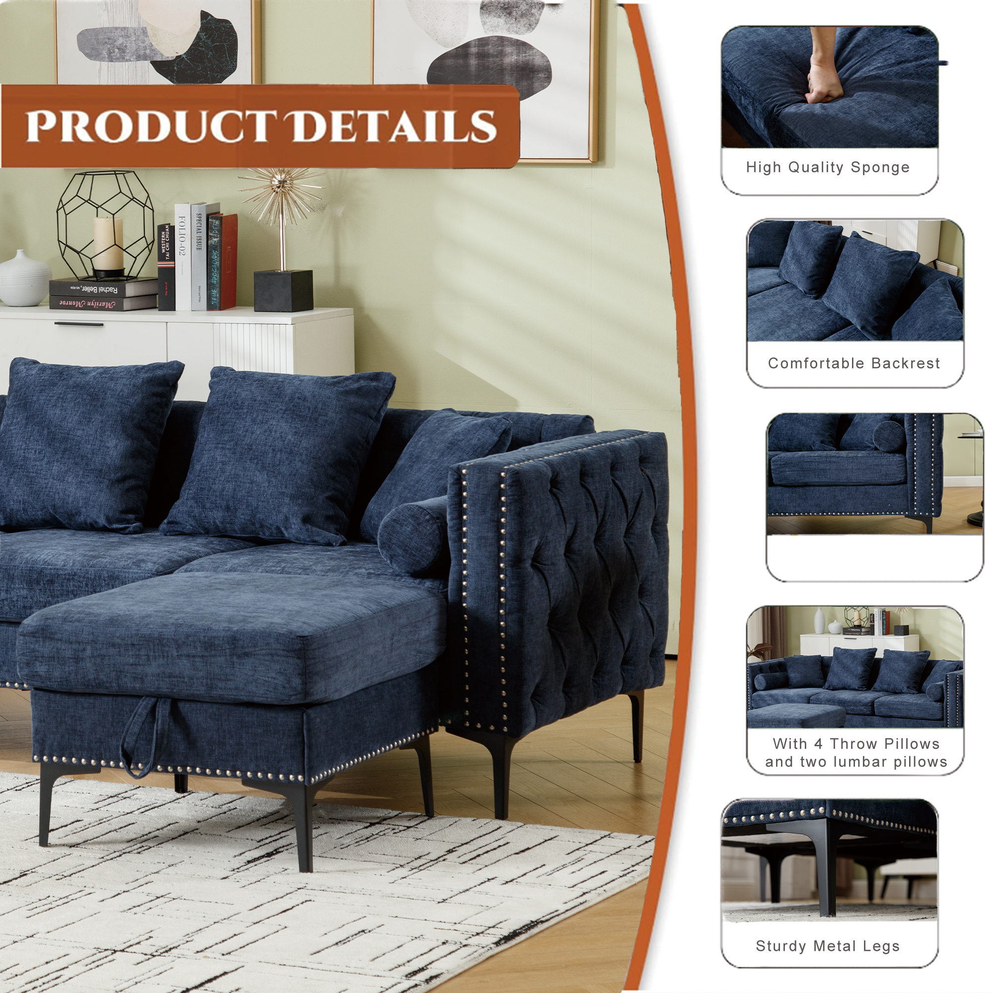 L Shaped Sectional Convertible Sofa with Storage Ottoman and Modern Tufted style