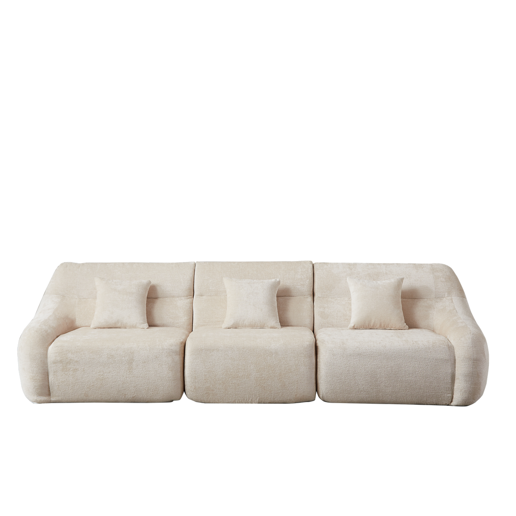 Sectional Sofa Curved Beige Chenille 123.2 Inch Four Pillows No Assembly
