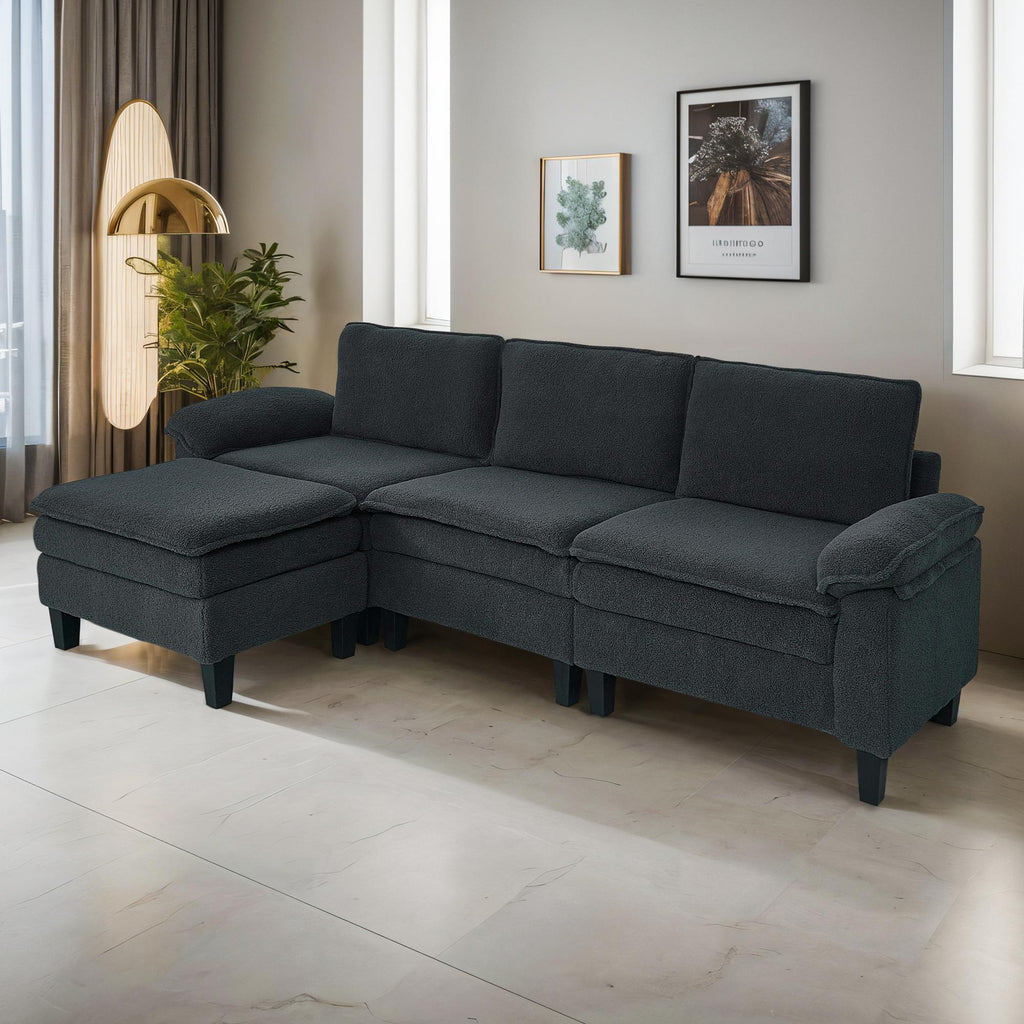 3-Seater Modular Sofa with Ottoman - Teddy Velvet, Solid Wood & Spring Cushion, Double-Layered Seat for Living Room