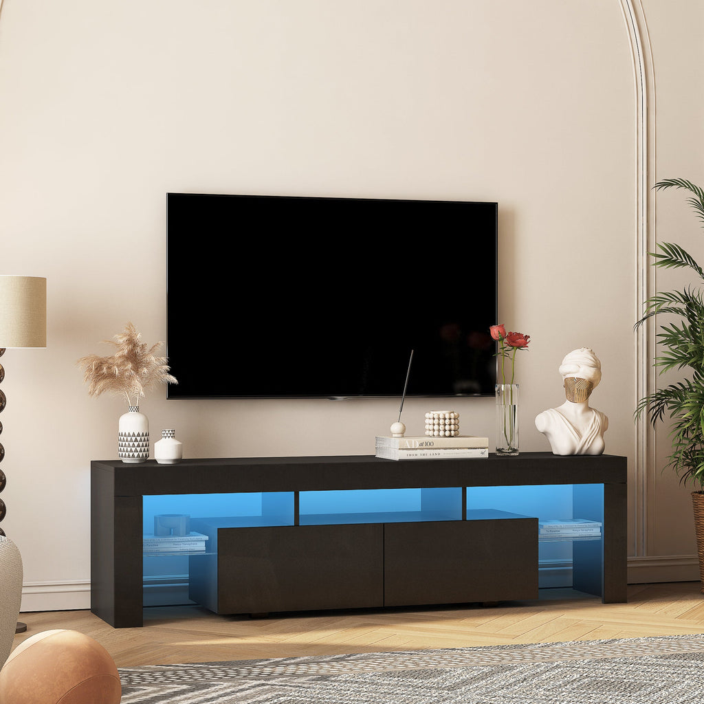 TV Stand High Gloss LED Black MDF Storage Cabinet Fits 65 In TV