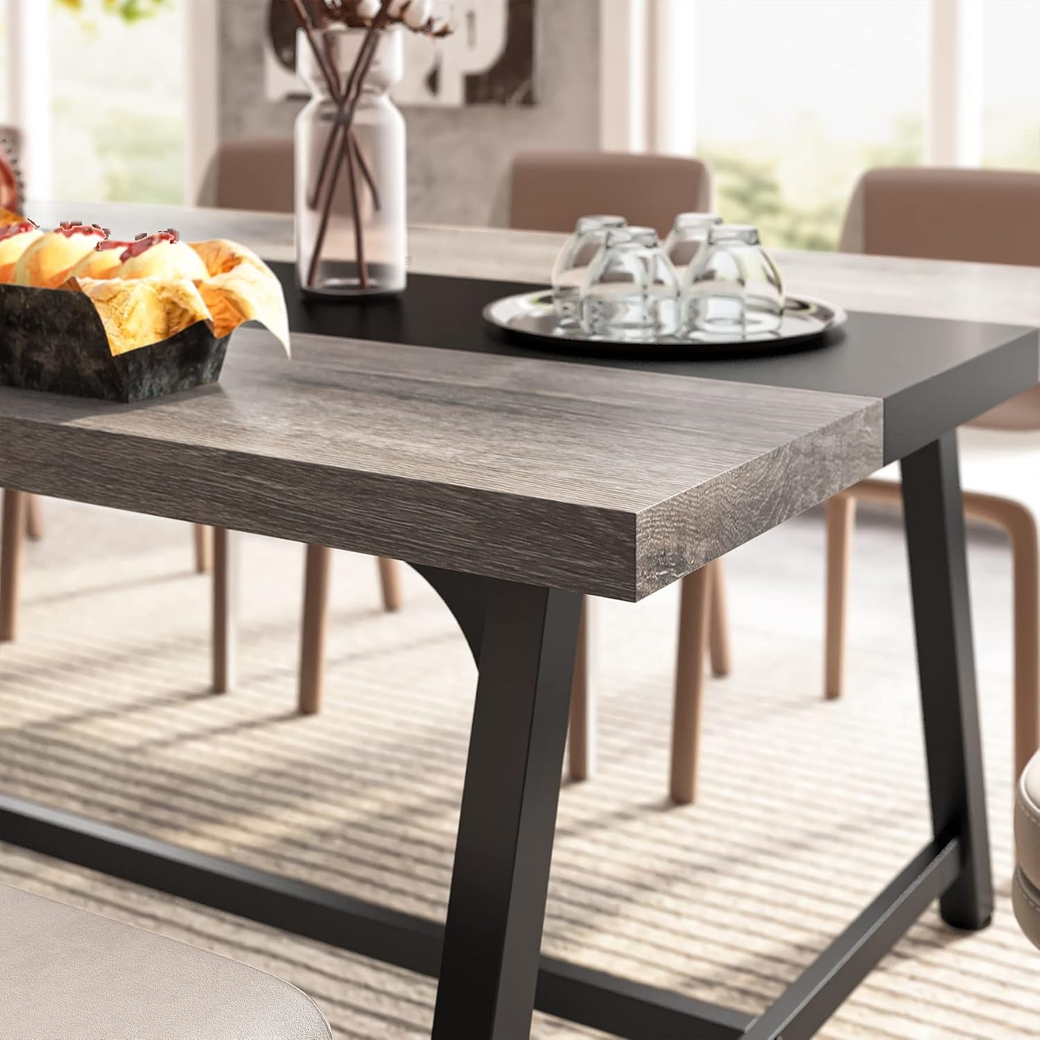 70.87 Inch Dining Table For 8 With Metal Frame In Gray