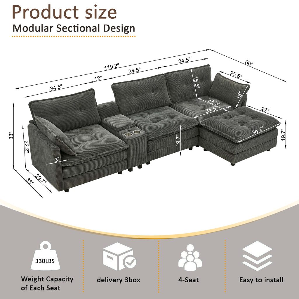 Sectional Sofa L-Shaped Corduroy with Ottoman and USB Ports, 4-seater, Grey
