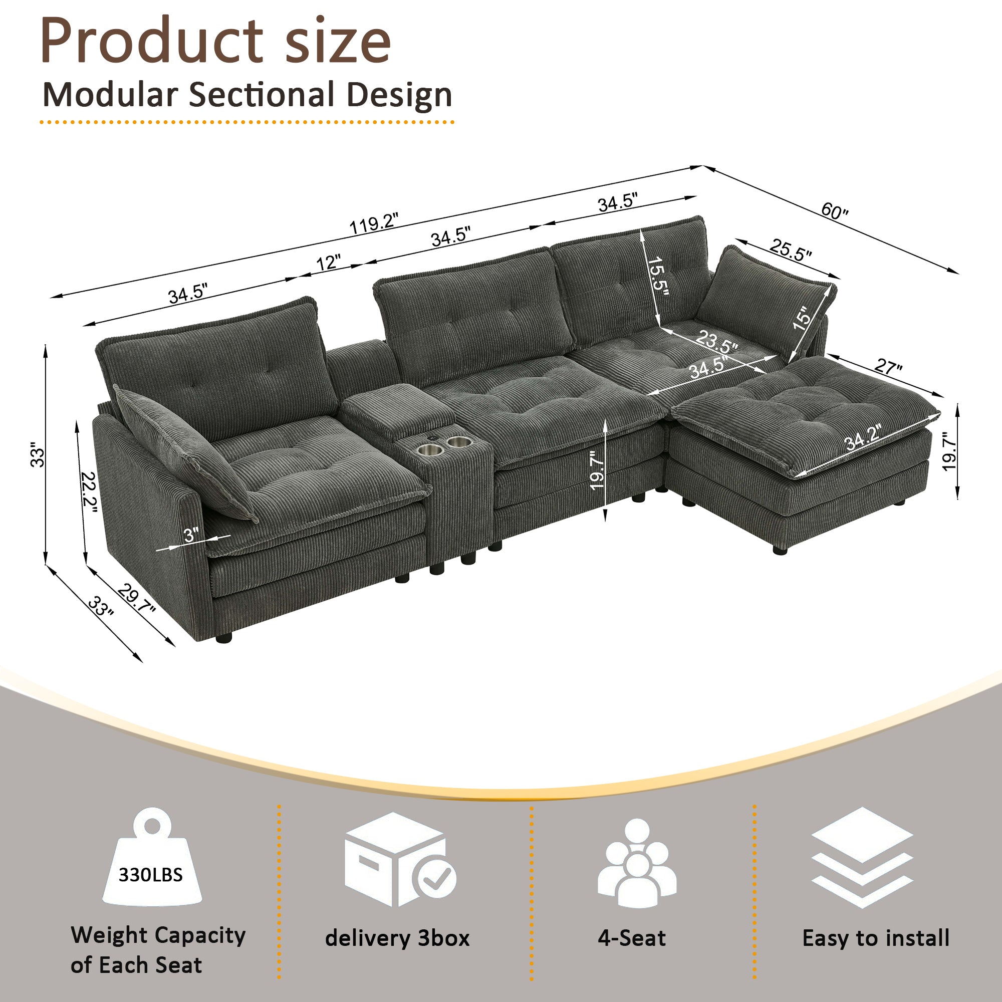 Sectional Sofa L-Shaped Corduroy with Ottoman and USB Ports, 4-seater, Grey
