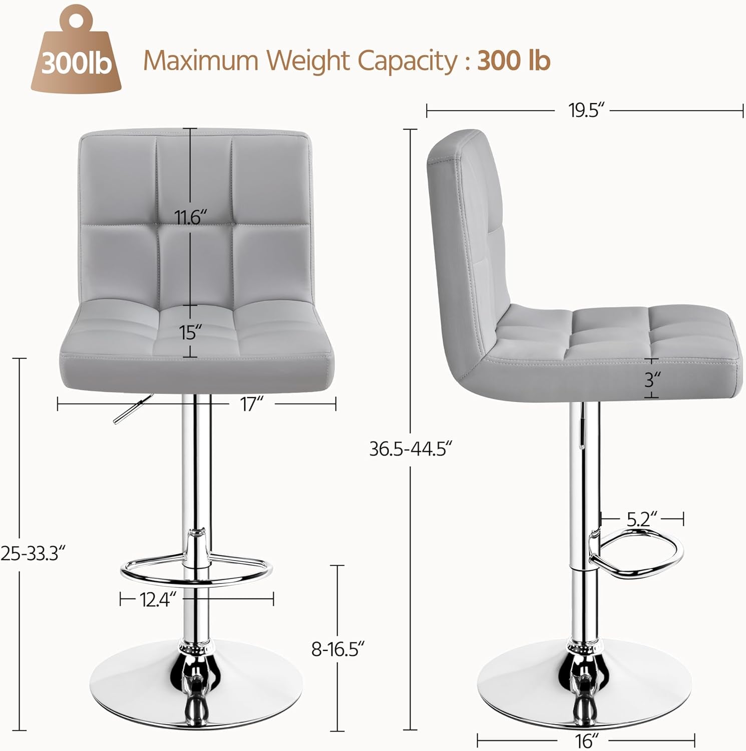 Bar Stools 2 Pack Adjustable Gray PU Leather Counter Height