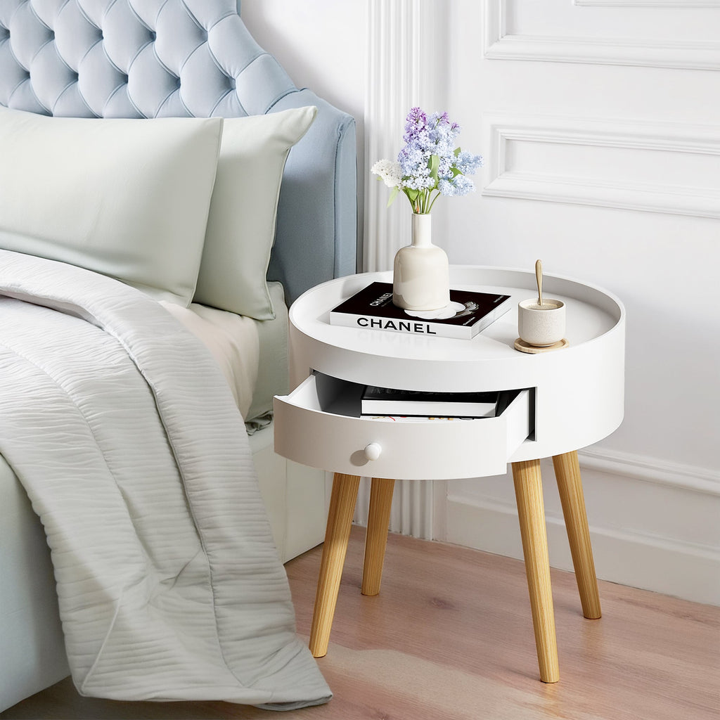 18"H Nightstand with Storage Drawer & Oak Legs Bedside Table, Sofa Side Coffee Table for Bedroom, Living Room, White