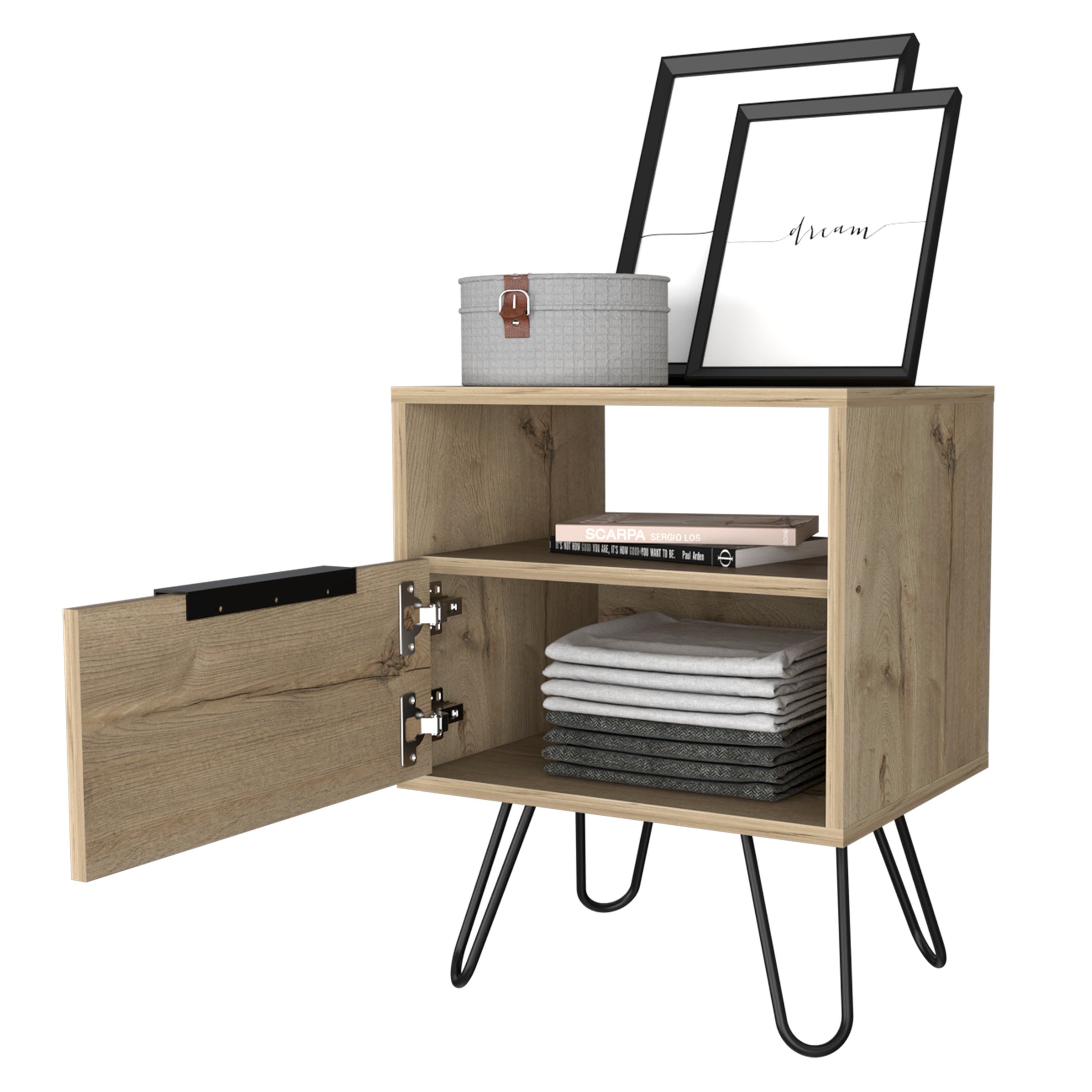 Set of 2 Modern Nightstands with Storage, Metal Legs, Light Oak