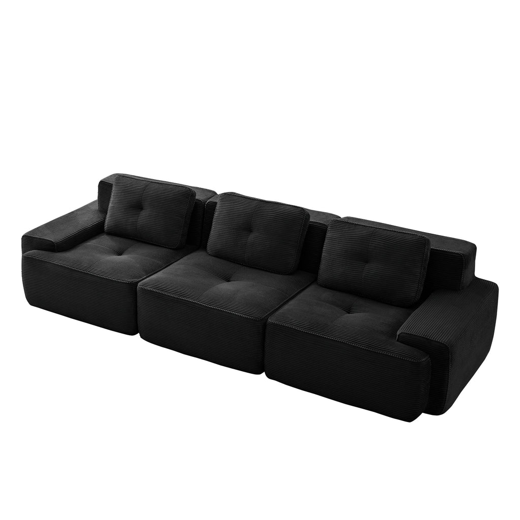 Sectional Sofa Modular Corduroy Black 3 Seater Tufted