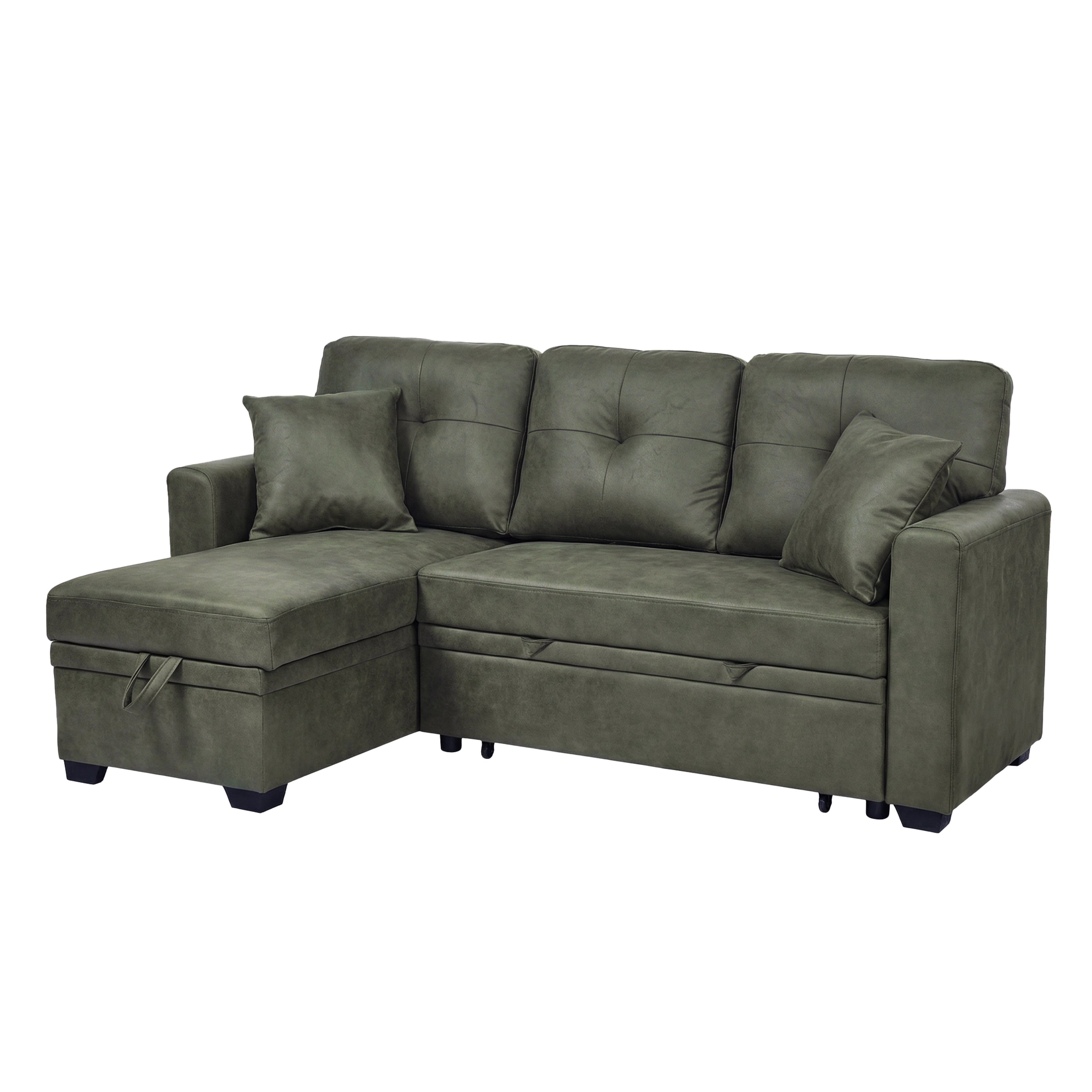 Sectional Sofa l Shaped Olive Green Fabric Sleeper with Small Space Solution