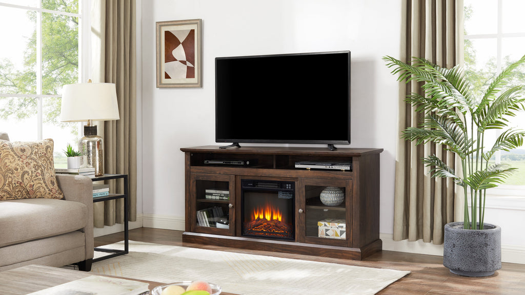 TV Stand Fireplace American Traditional Brown MDF 1400W Fits 65 In TV 60 In