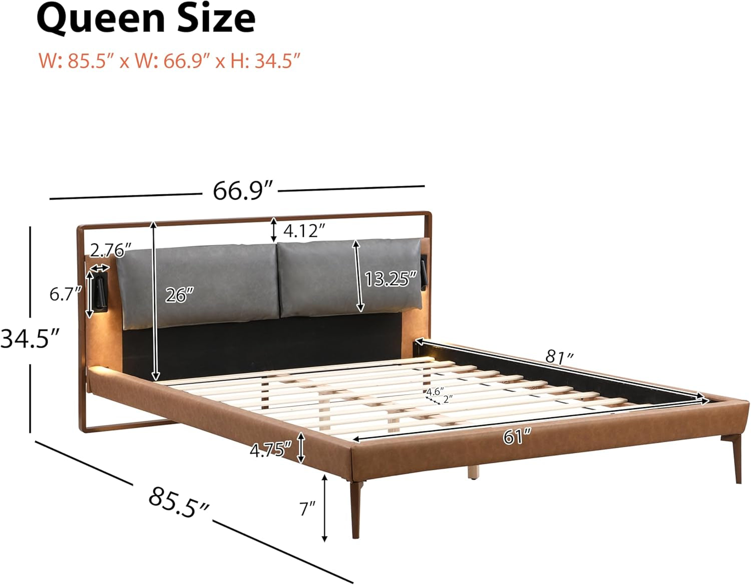 Brown Upholstered Bed Frame With Integrated Night Lights