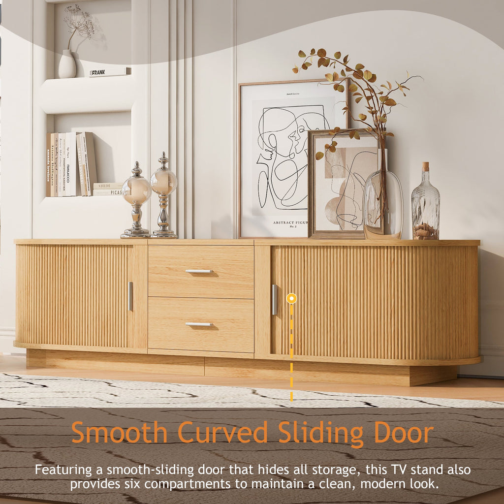 TV Stand American Style Acacia MDF Sliding Door Rounded Corners Fits 75 In TV