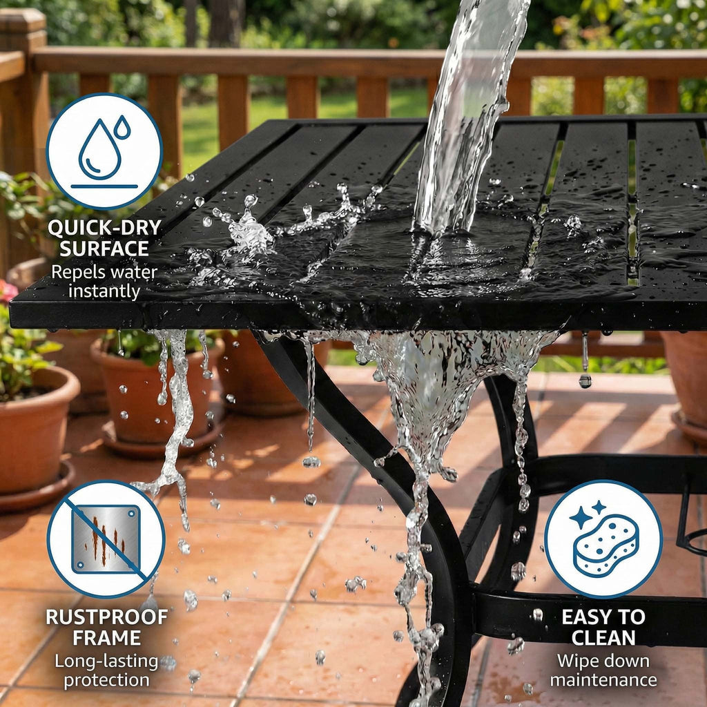 Outdoor Dining Set Metal Black 5 Piece Square Table 4 Folding Chairs Seats 4