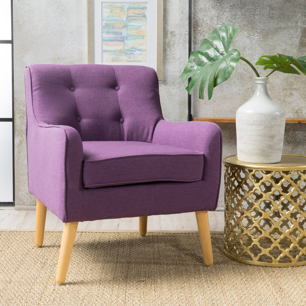 Mid-Century Modern Arm Chair with Tufted Back, Purple Fabric, Birch Wood Legs