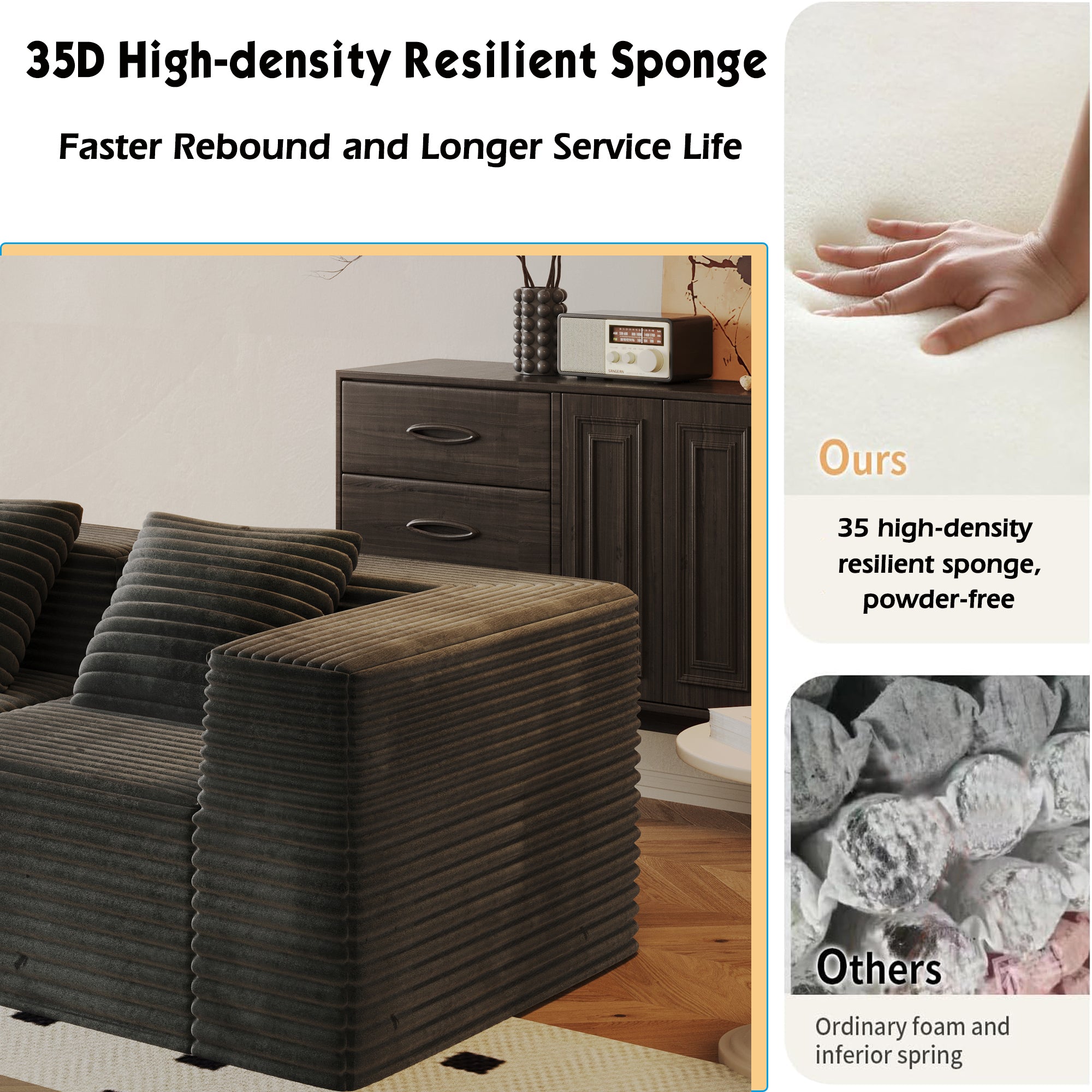 Sectional Sofa Modern Grey Modular Three Seater with Two Ottomans Deep Seat