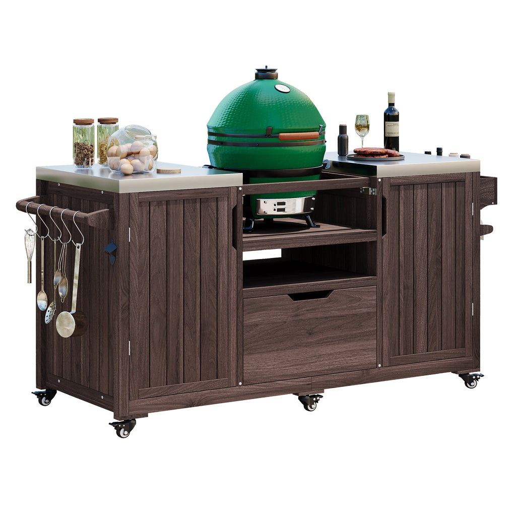 Outdoor Kitchen Island Grill Cart Fir Wood Stainless Steel Top 66.5x23x34 In