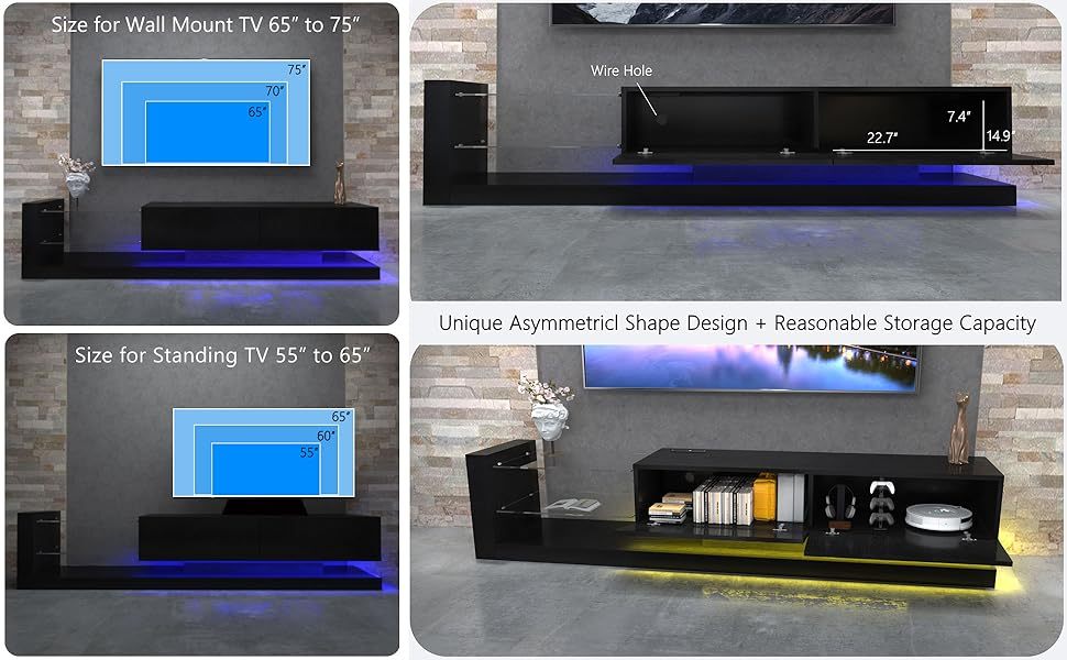 TV Stand LED Black Particle Board Tempered Glass Shelves Fits 75 In TV