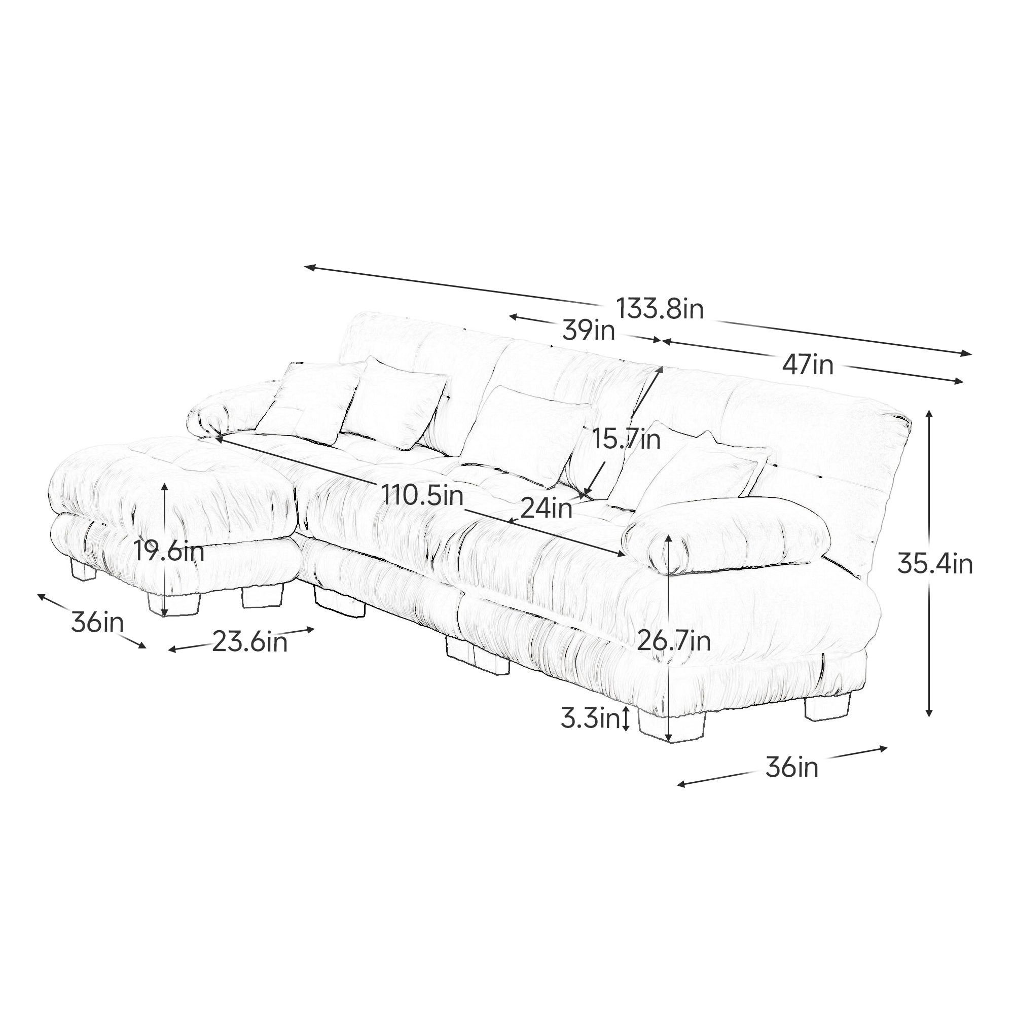 Sectional Sofa L-Shaped Chenille Light Coffee Convertible Ottoman