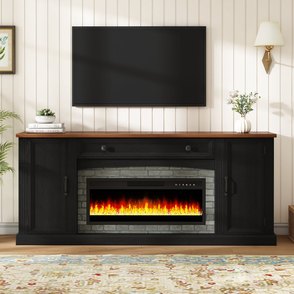 TV Stand Fireplace Black MDF Walnut Top Gray Brick 1400W Fits 70 In TV 66.9 In