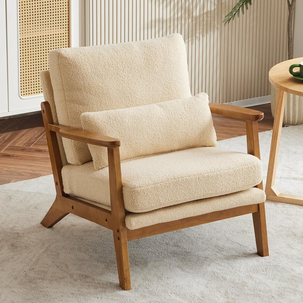 Solid Wood Armchair Khaki Teddy Velvet Upholstery With Pillow
