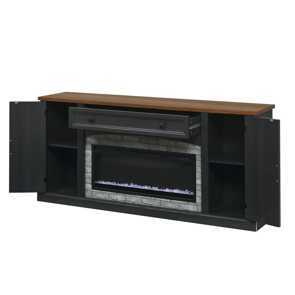 TV Stand Fireplace Black MDF Walnut Top Gray Brick 1400W Fits 70 In TV 66.9 In