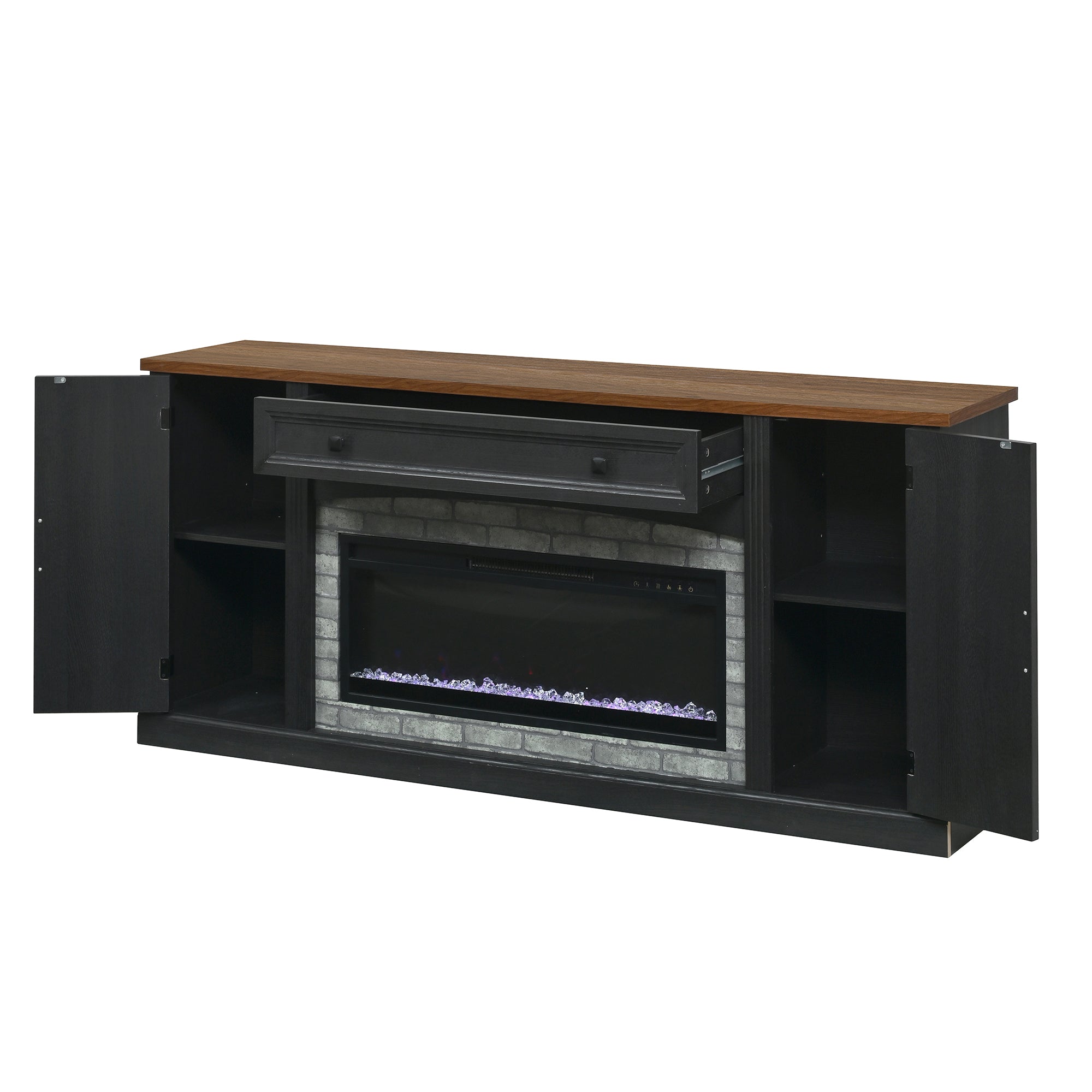 TV Stand Fireplace Black MDF Walnut Top Gray Brick 1400W Fits 70 In TV 66.9 In