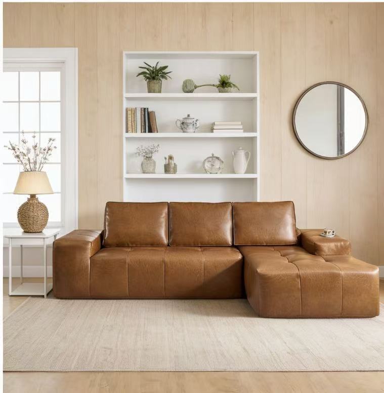 Sectional Sofa L-Shaped Modular Brown Faux Leather with Chaise