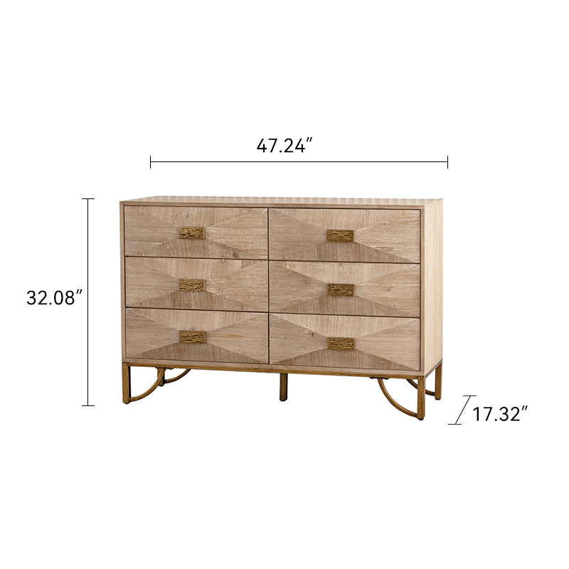 Chest Modern 6-Drawer Natural Wood Geometric Diamond Gold Legs 47.24 In