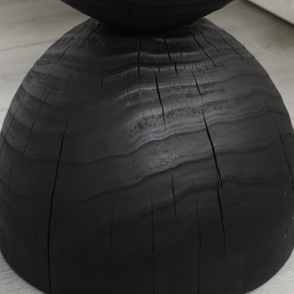 Solid Mango Wood Round Side Table, 12.2x18.11 in, Black, Burnt Vintage Look