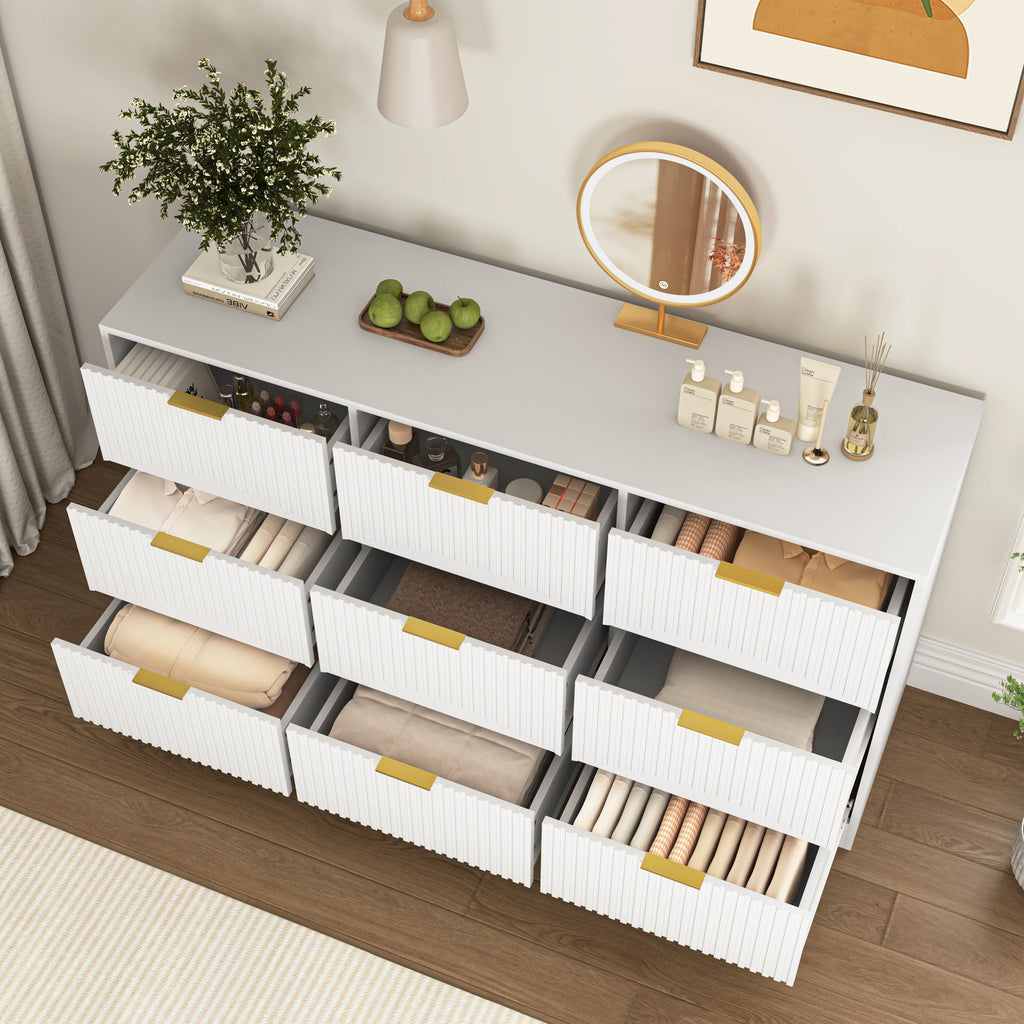 Dresser Classic 9-Drawer White Particle Board Gold Handles 63x15.74 In