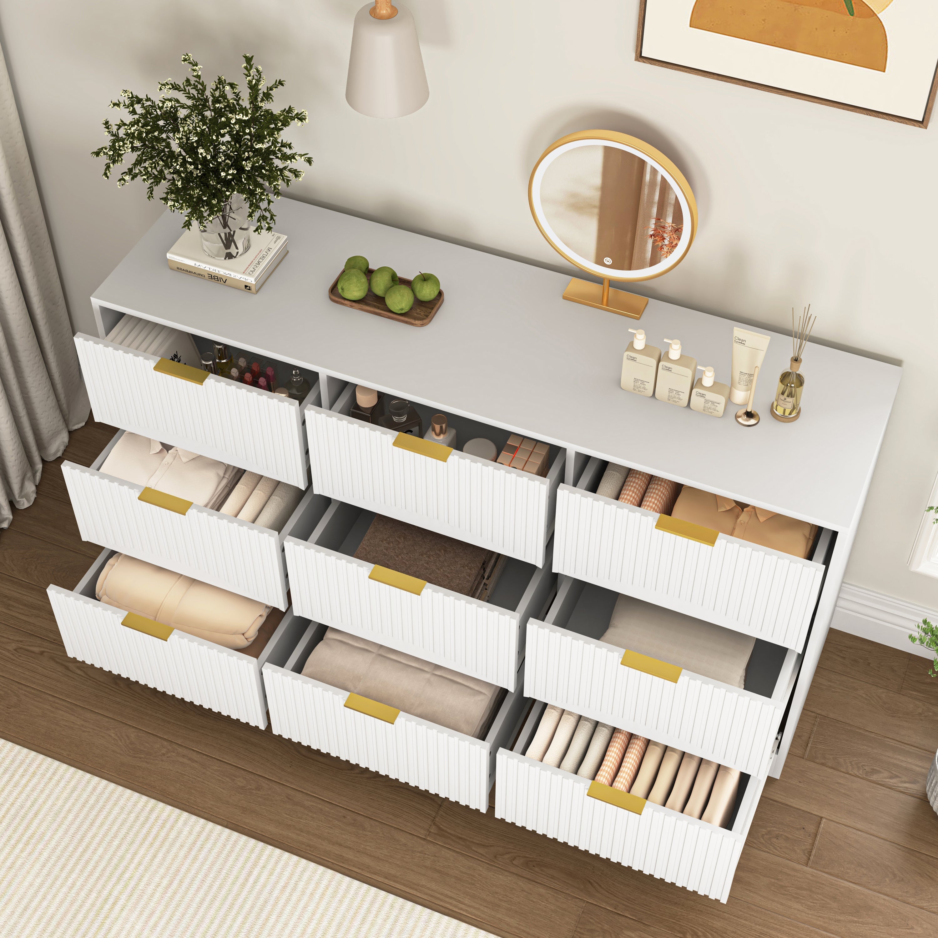 Dresser Classic 9-Drawer White Particle Board Gold Handles 63x15.74 In