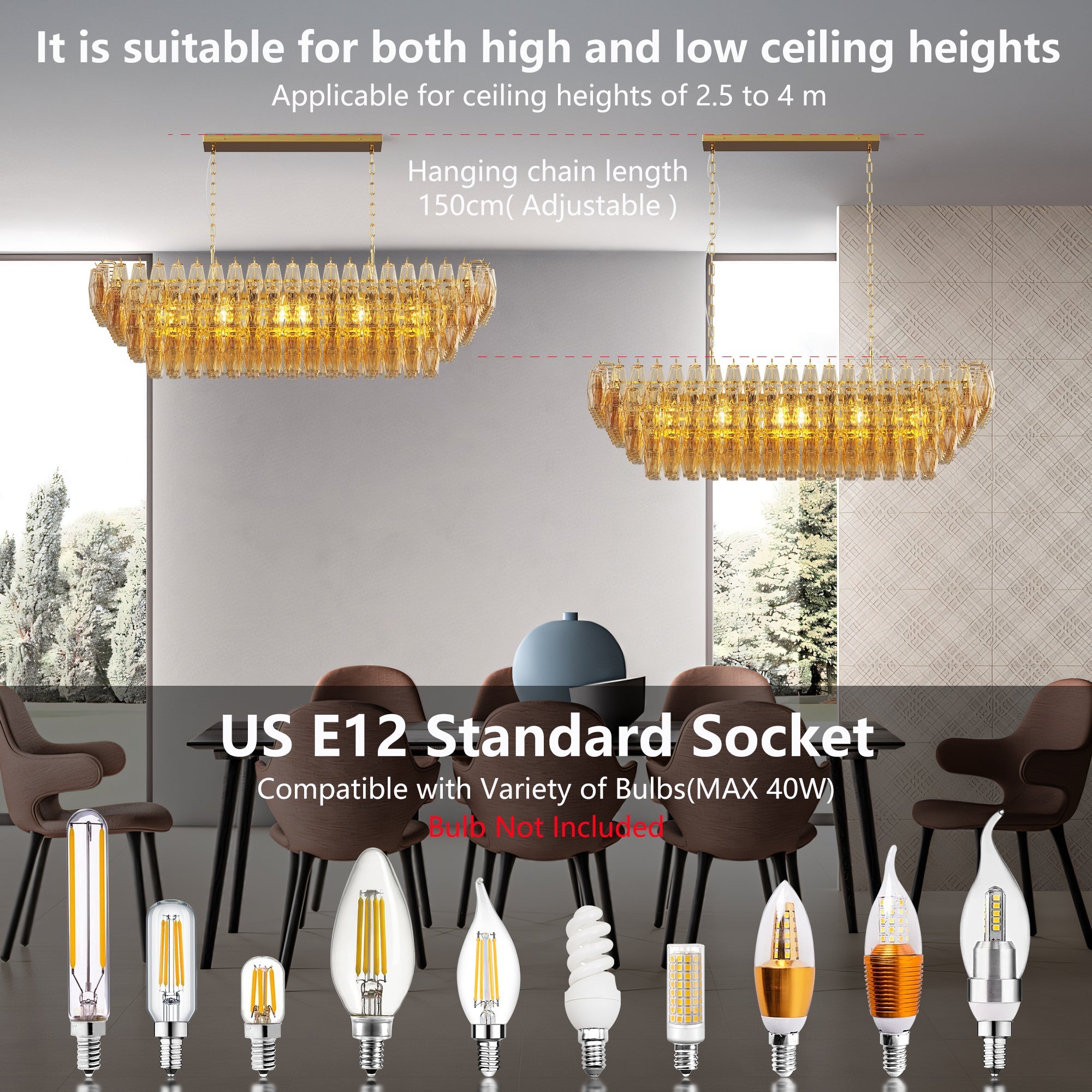 Chandelier Rectangle Gold 12-Light Smoke Glass Modern Living Room 54 In