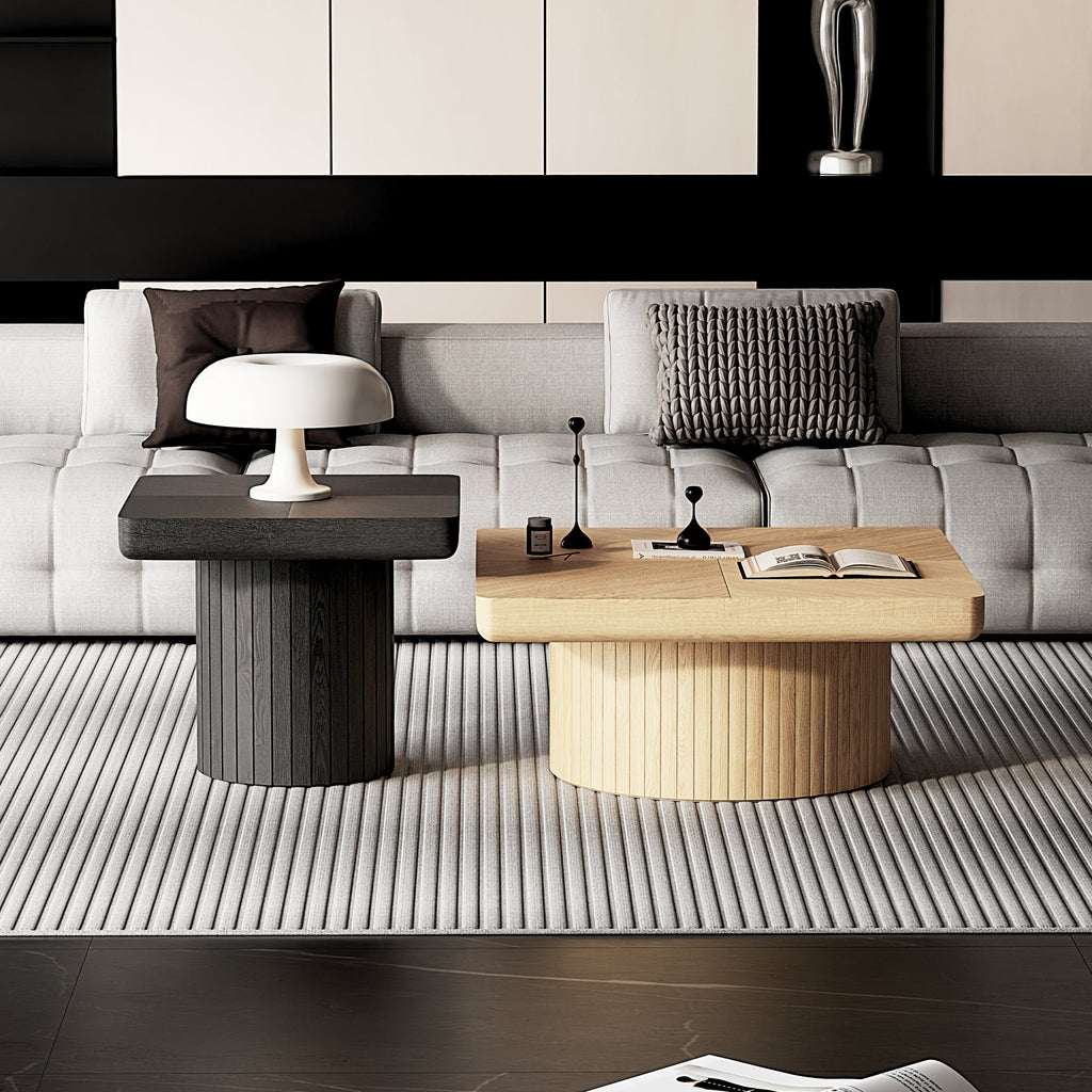 2-Piece Wood Nesting Coffee Tables, Fluted Pedestal, Living Room, Natural Black