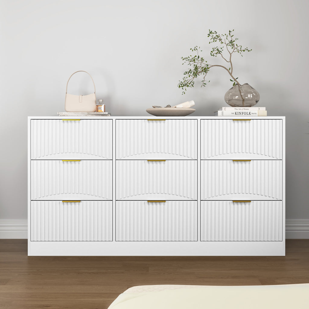 Dresser Classic 9-Drawer White Particle Board Gold Handles 63x15.74 In