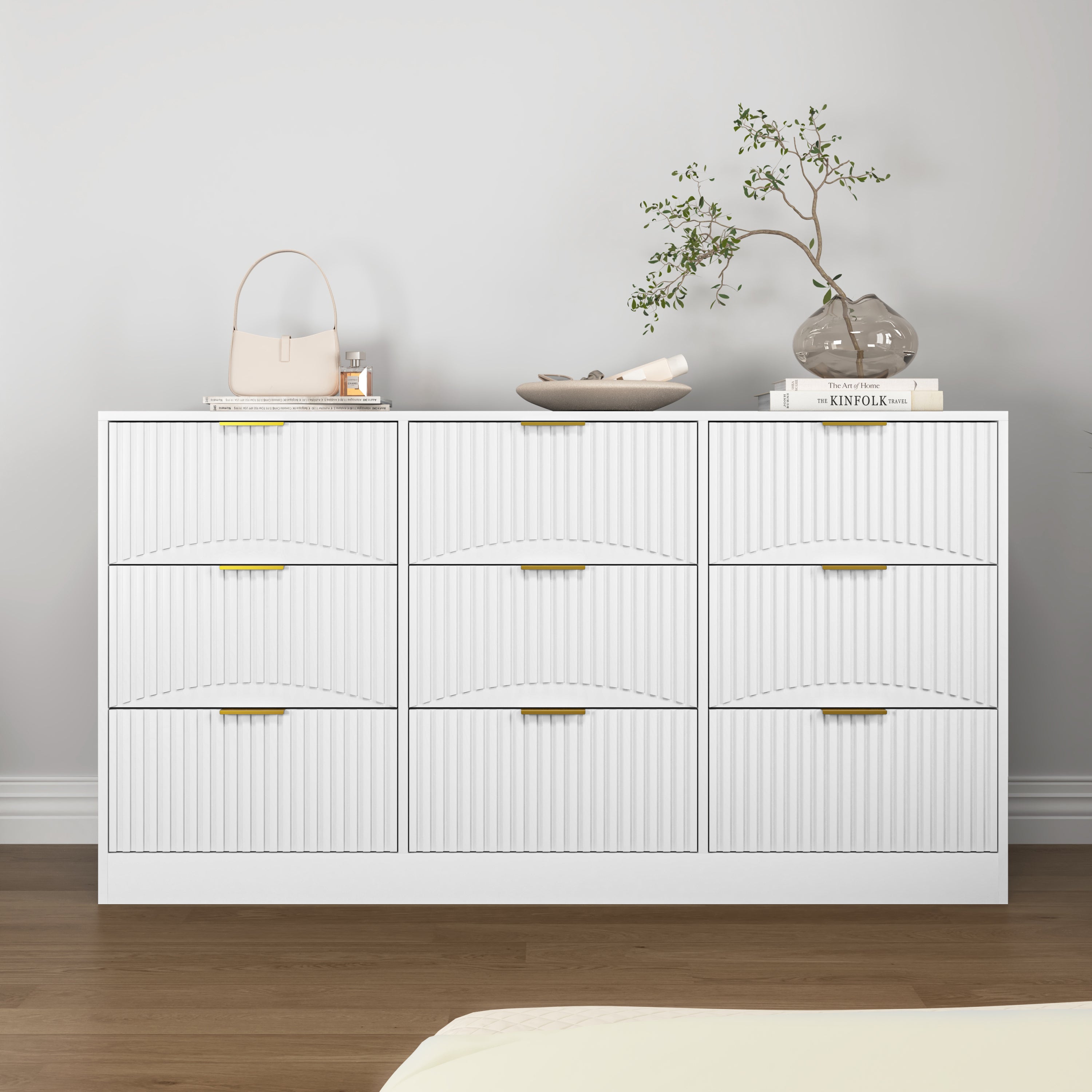 Dresser Classic 9-Drawer White Particle Board Gold Handles 63x15.74 In