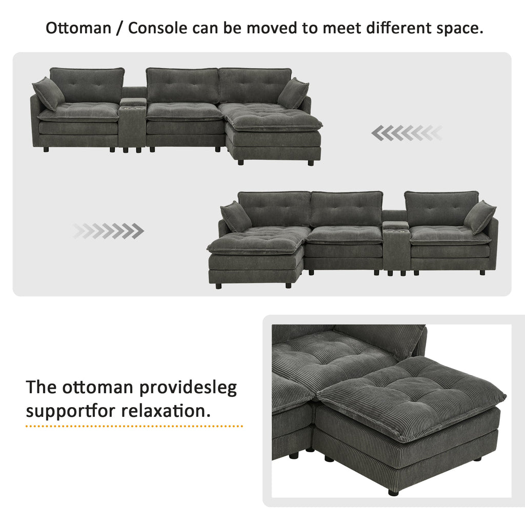 Sectional Sofa L-Shaped Corduroy with Ottoman and USB Ports, 4-seater, Grey