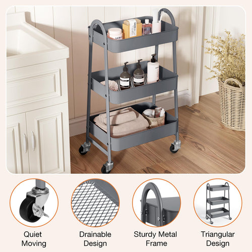 3 Tier Small Rolling Cart, Metal Utility Storage Organizer Kitchen Trolley Bathroom Laundry Room Bar Office Shelves