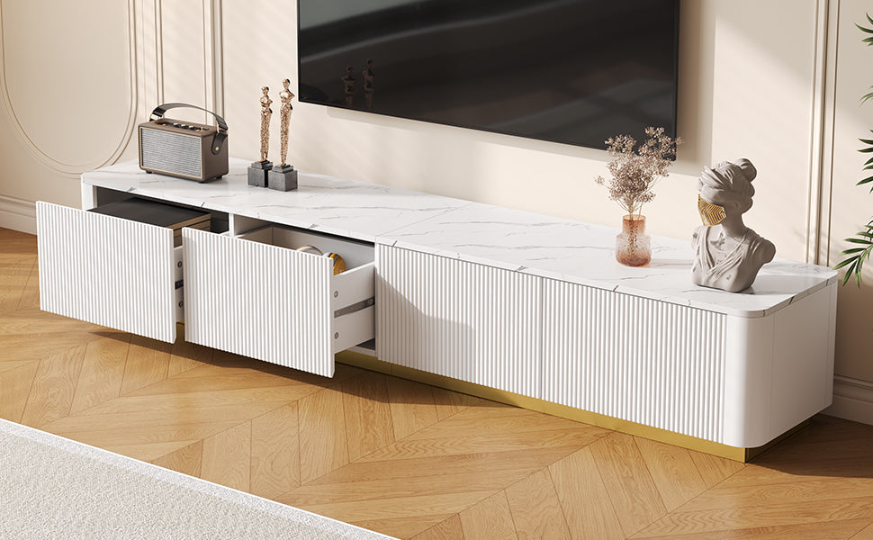TV Stand Luxury Fluted White MDF Faux Marble Top 4-Drawer Fits 85 In TV
