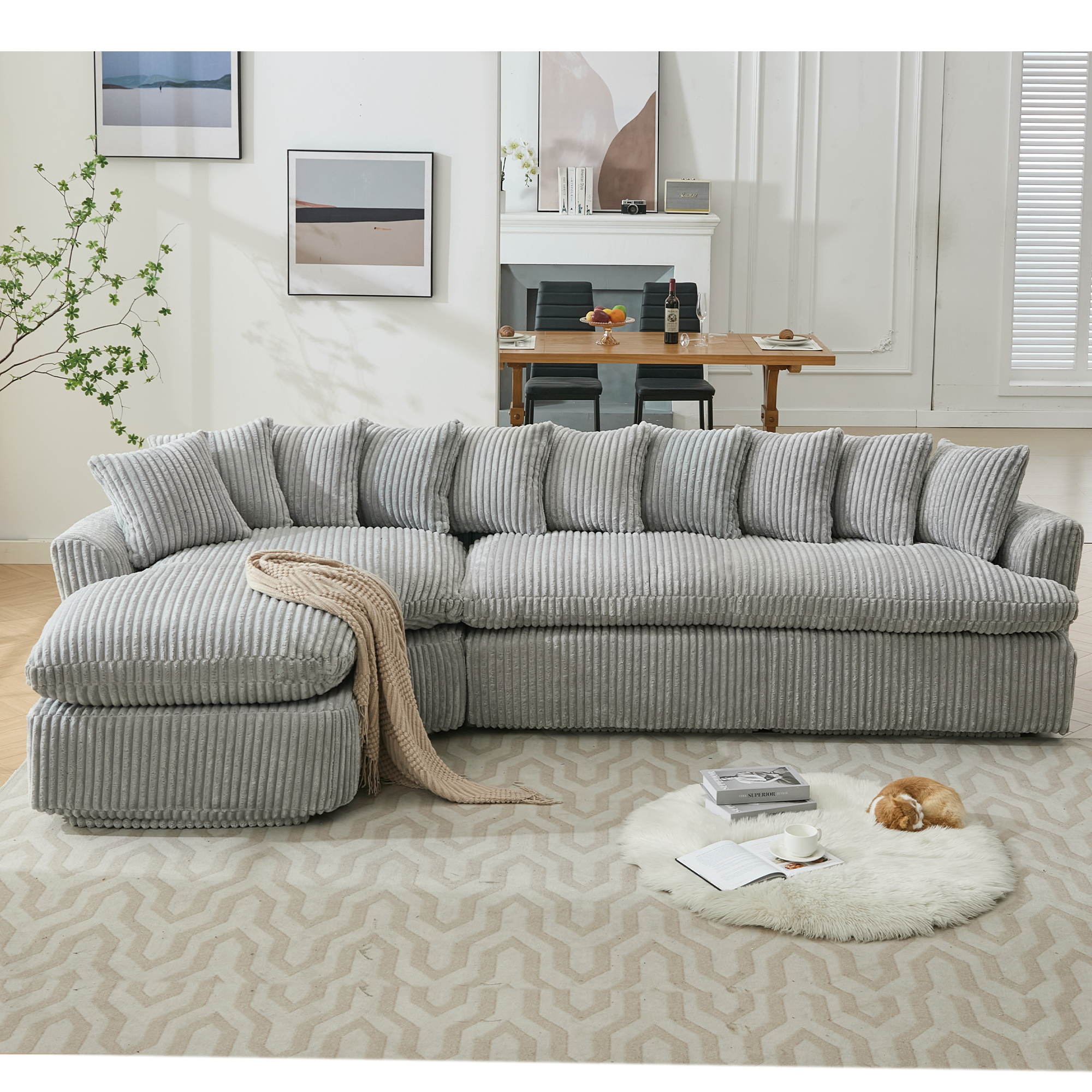 127''  Large Sectional Sofa ,Elegant Curved Design ,High-Resilience Foam ,Ten Back Cushions,L-Shape Left Sofa,No Assembly  Required , (Gray-Soft Corduroy Fabric)
