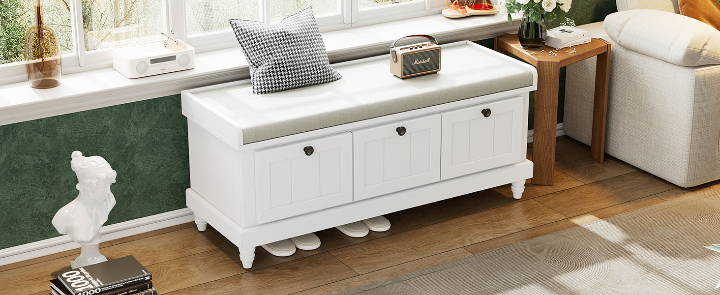 Entry Bench Fluted MDF White Cushioned Seat 3 Drawers 44x16x19 In 220 LB